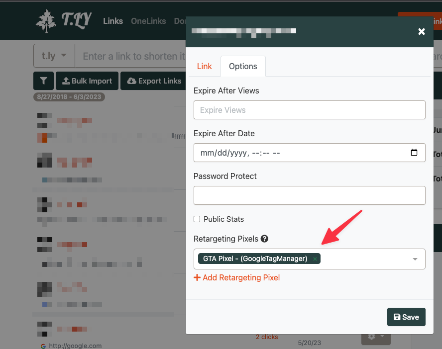 How to add a GTM pixel to a T.LY Short URL